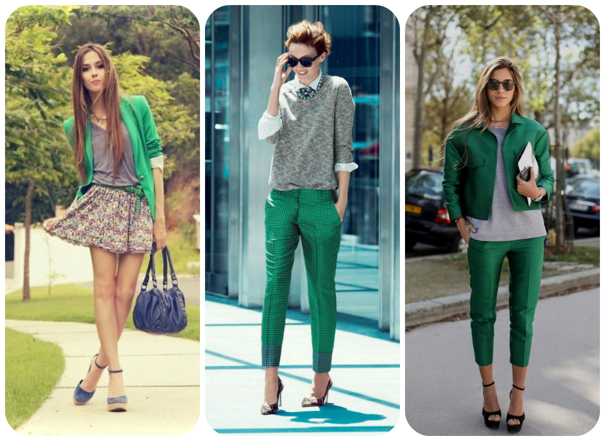 Сочетание серого и зеленого в одежде женщины